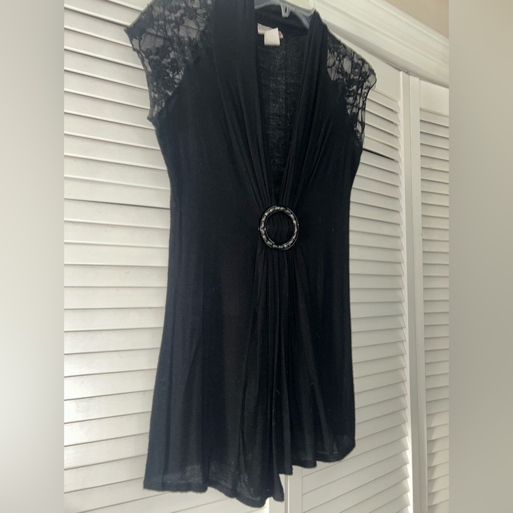 Elegant Black Long Top with Lace Sleeves